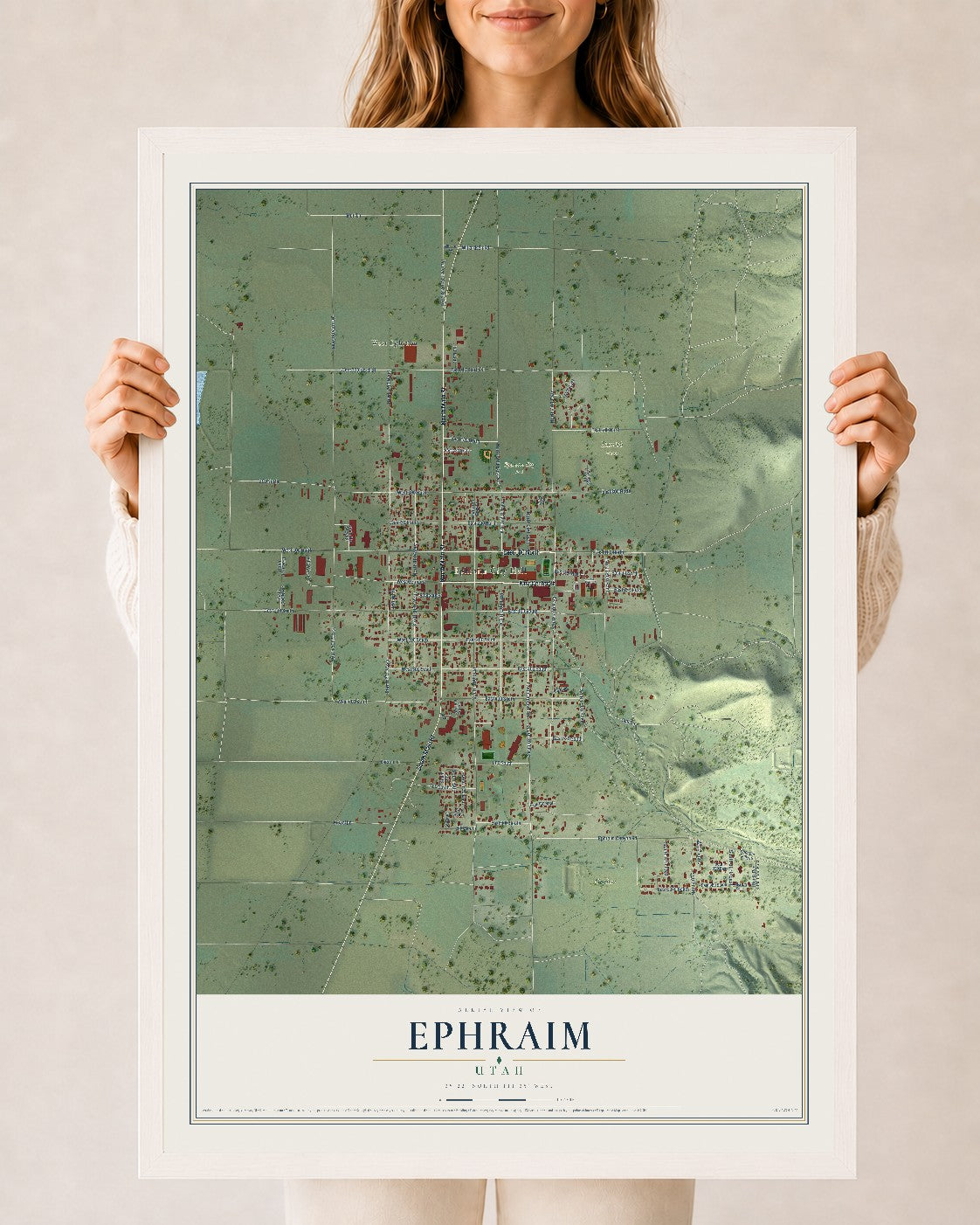 Map of Ephraim, Utah, 24 x 36 inch print in a white wood frame
