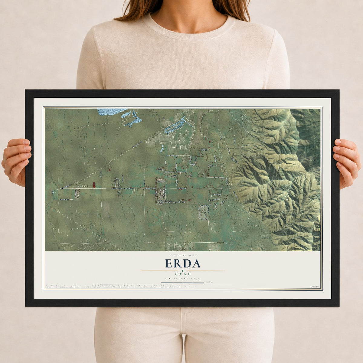 Map of Erda, Utah, 12 x 18 inch print in a black wood frame