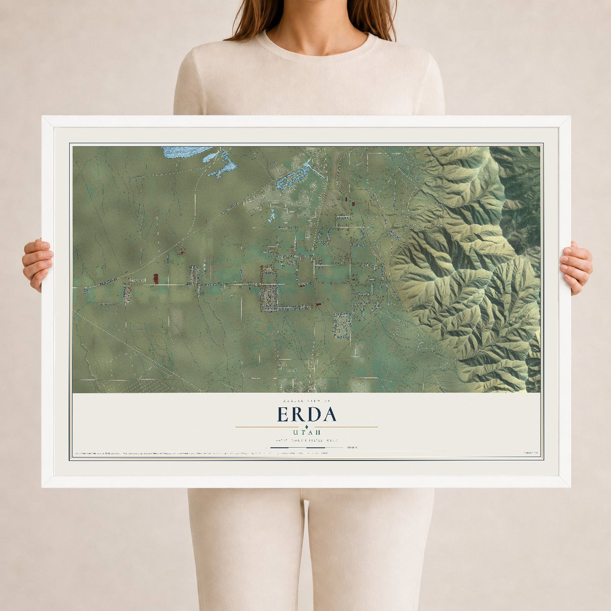 Map of Erda, Utah, 24 x 36 inch print in a white wood frame