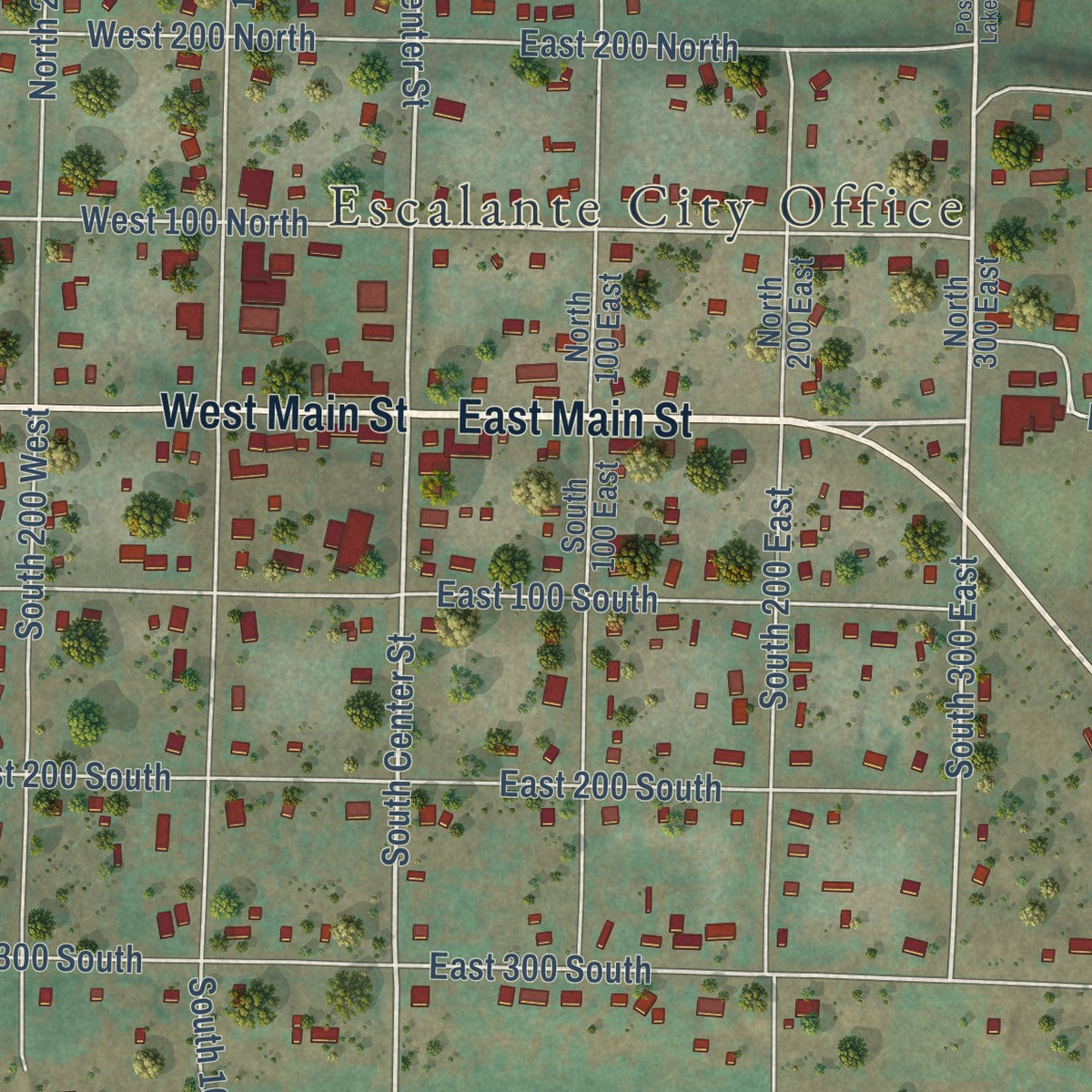 Close-up of the map of Escalante, Utah print showing street and building detail