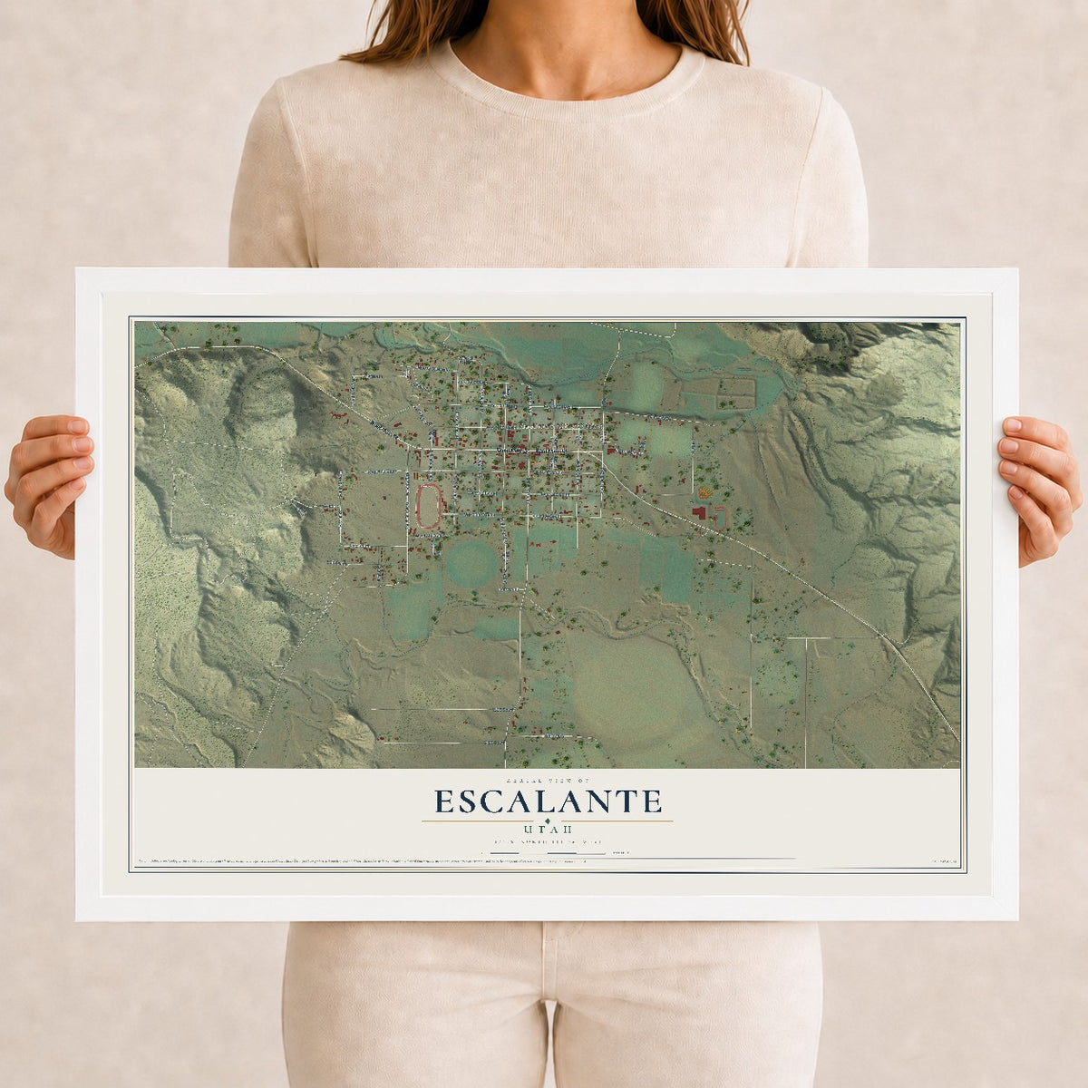 Map of Escalante, Utah, 12 x 18 inch print in a white wood frame