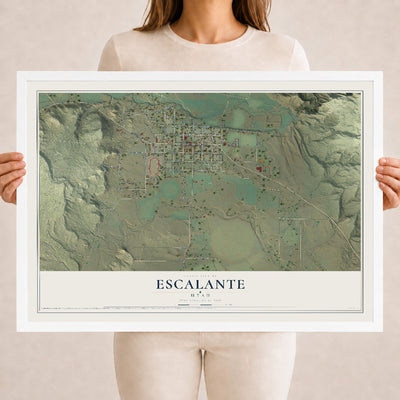 Map of Escalante, Utah, 18 x 24 inch print in a white wood frame