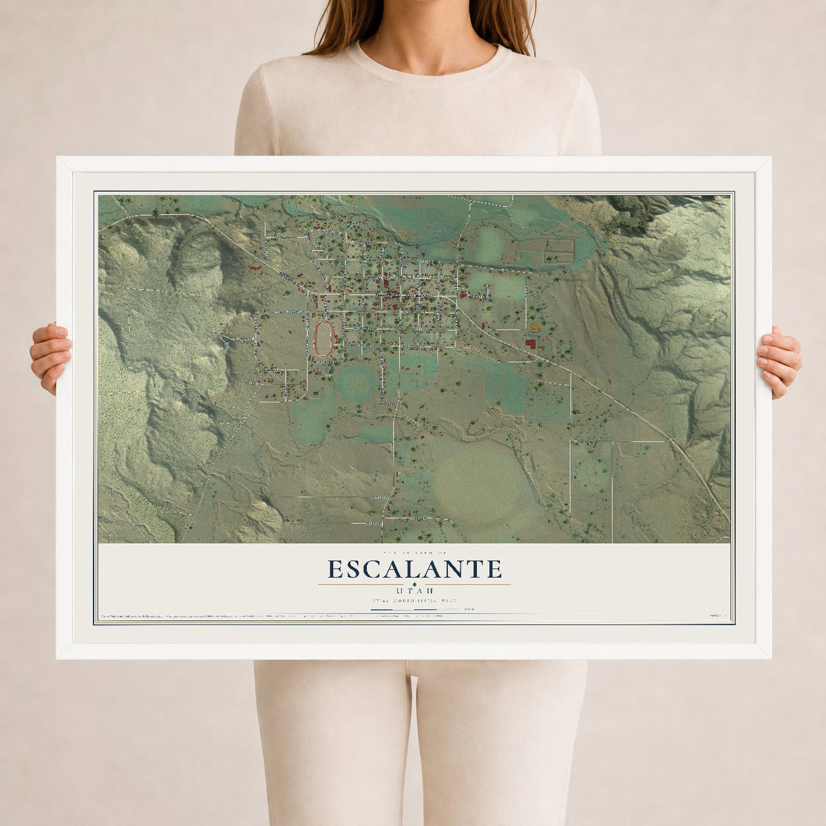 Map of Escalante, Utah, 24 x 36 inch print in a white wood frame