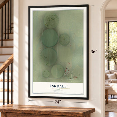 Eskdale, Utah map, 24 x 36 inch print in a black frame by a staircase