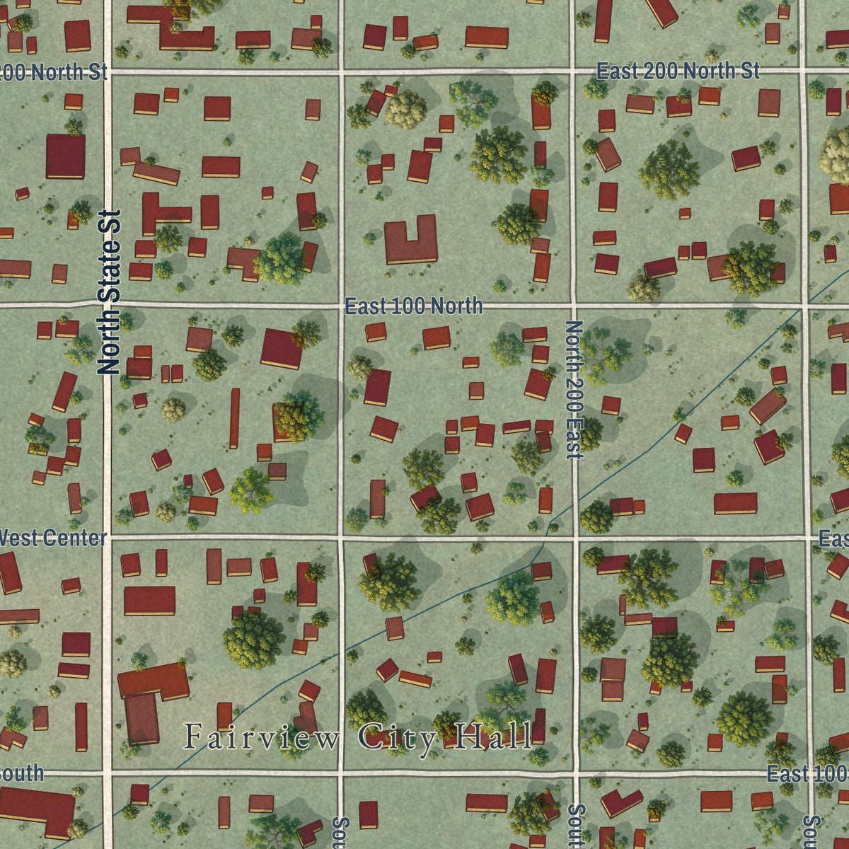 Close-up of the map of Fairview, Utah print showing street and building detail