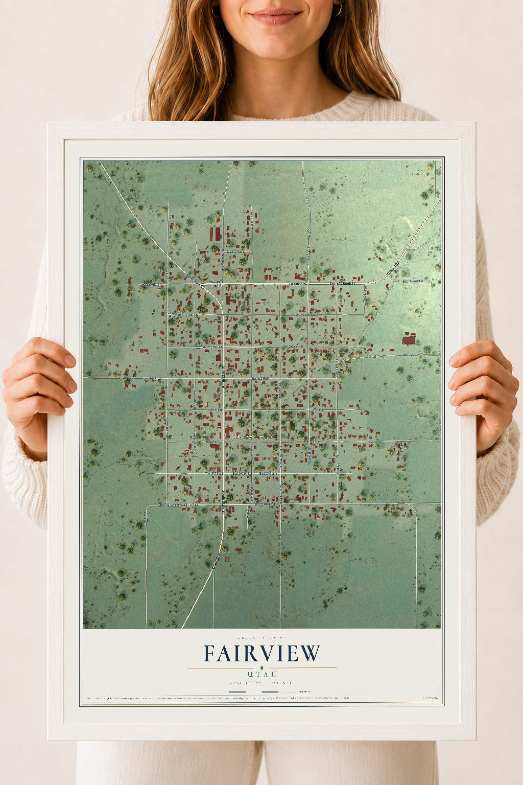 Map of Fairview, Utah, 18 x 24 inch print in a white wood frame