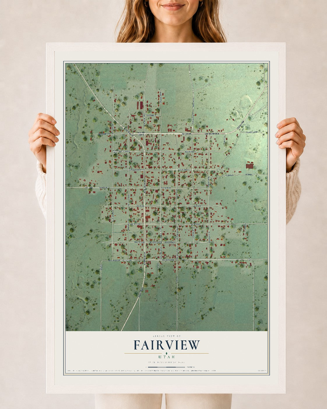 Map of Fairview, Utah, 24 x 36 inch print in a white wood frame
