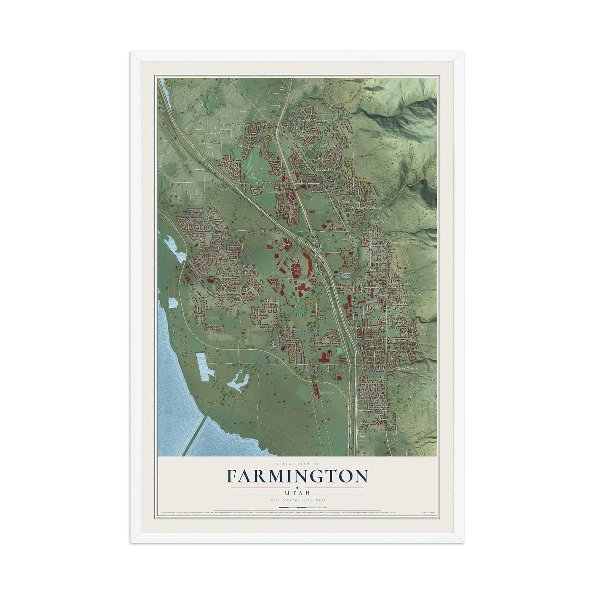 Map of Farmington, Utah, 12 x 18 inch print in a white wood frame