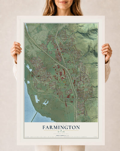Map of Farmington, Utah, 24 x 36 inch print in a white wood frame