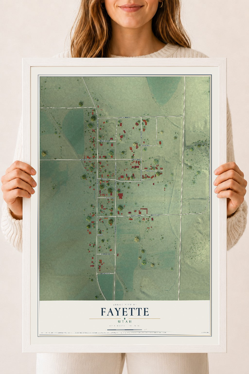 Map of Fayette, Utah, 18 x 24 inch print in a white wood frame