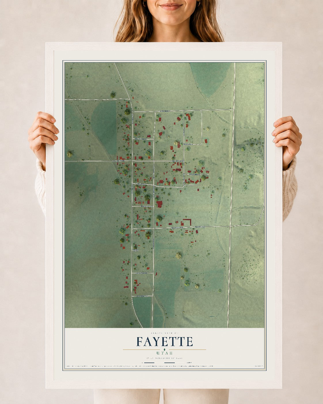Map of Fayette, Utah, 24 x 36 inch print in a white wood frame