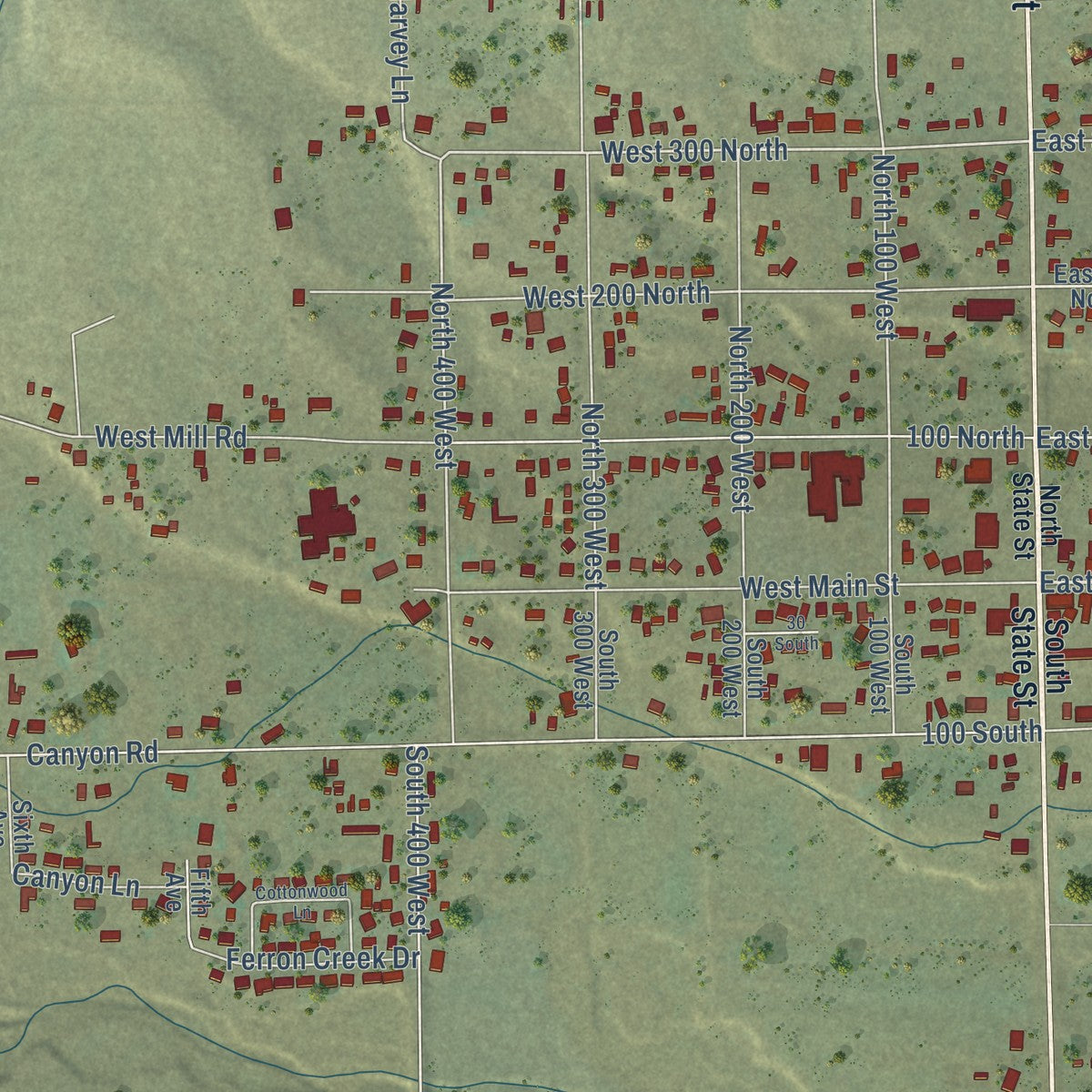 Close-up of the map of Ferron, Utah print showing street and building detail