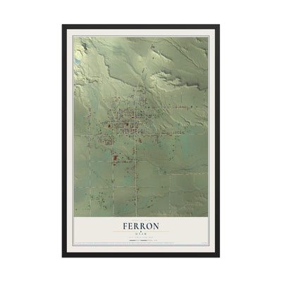 Map of Ferron, Utah, 12 x 18 inch print in a black wood frame