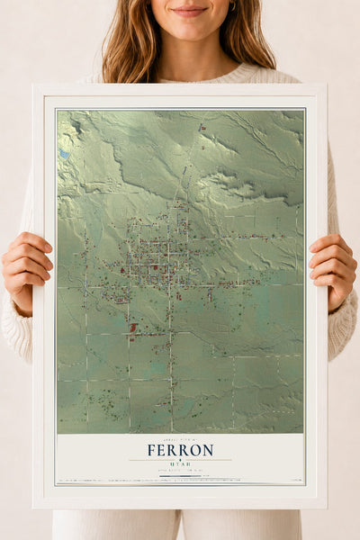Map of Ferron, Utah, 18 x 24 inch print in a white wood frame