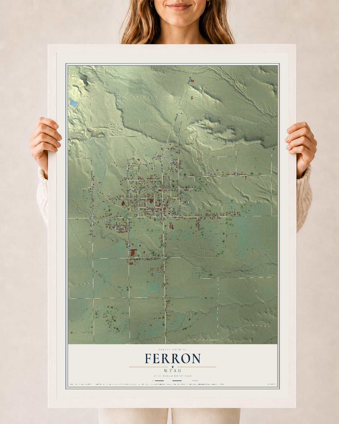 Map of Ferron, Utah, 24 x 36 inch print in a white wood frame