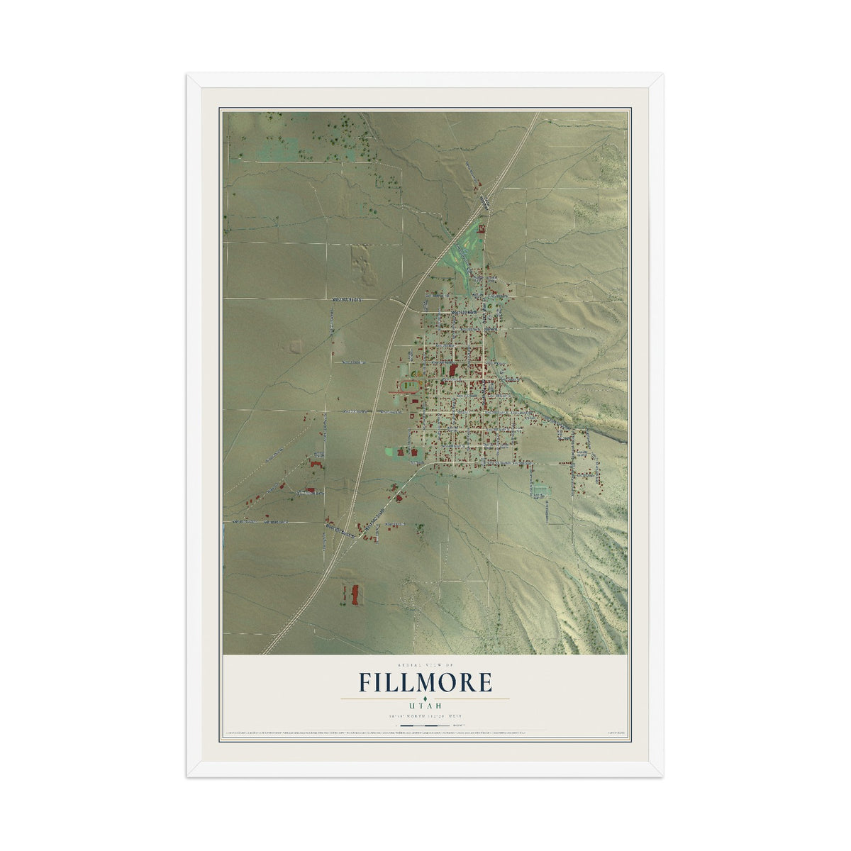 Map of Fillmore, Utah, 12 x 18 inch print in a white wood frame