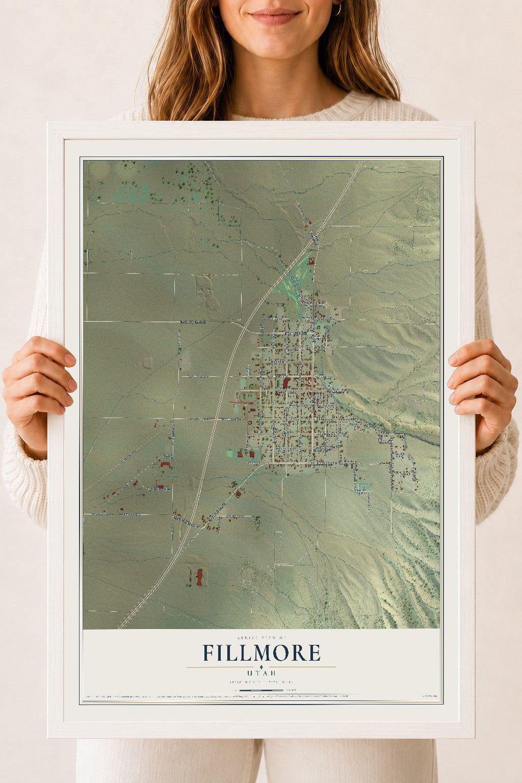 Map of Fillmore, Utah, 18 x 24 inch print in a white wood frame