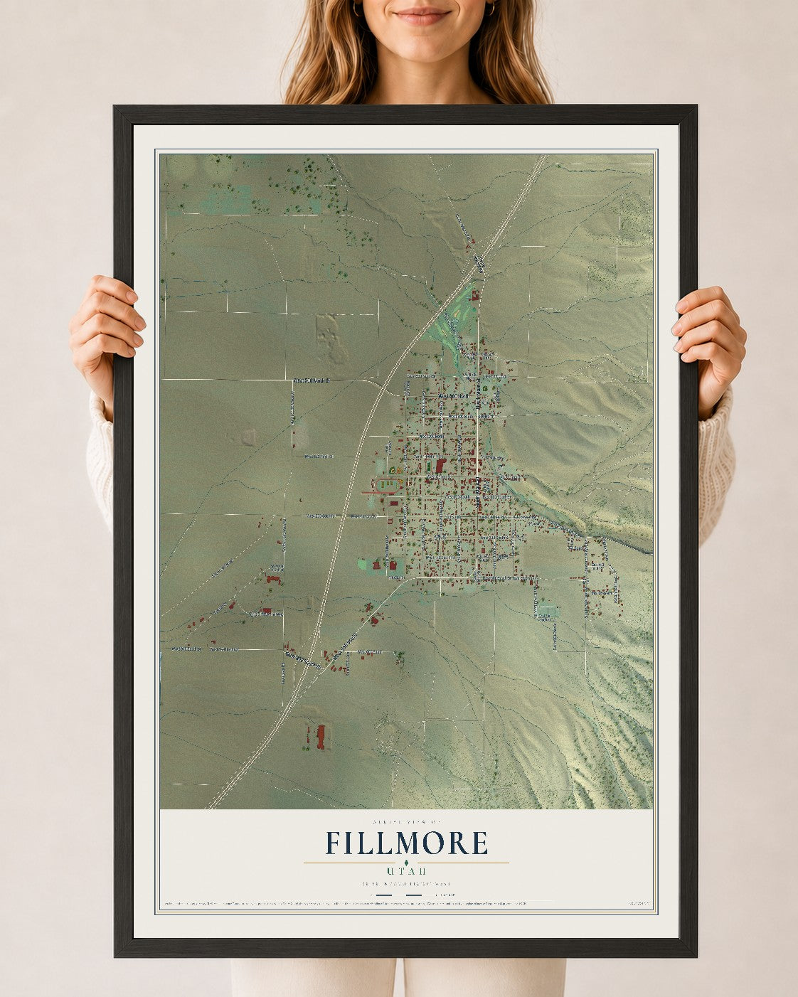 Map of Fillmore, Utah, 24 x 36 inch print in a black wood frame