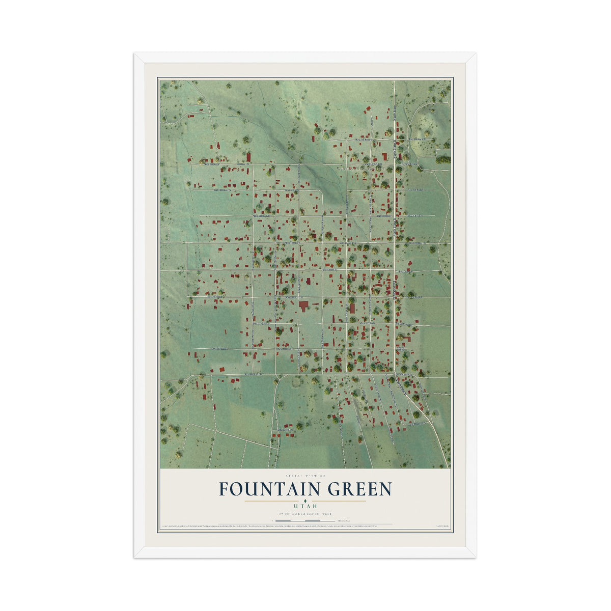 Map of Fountain Green, Utah, 12 x 18 inch print in a white wood frame