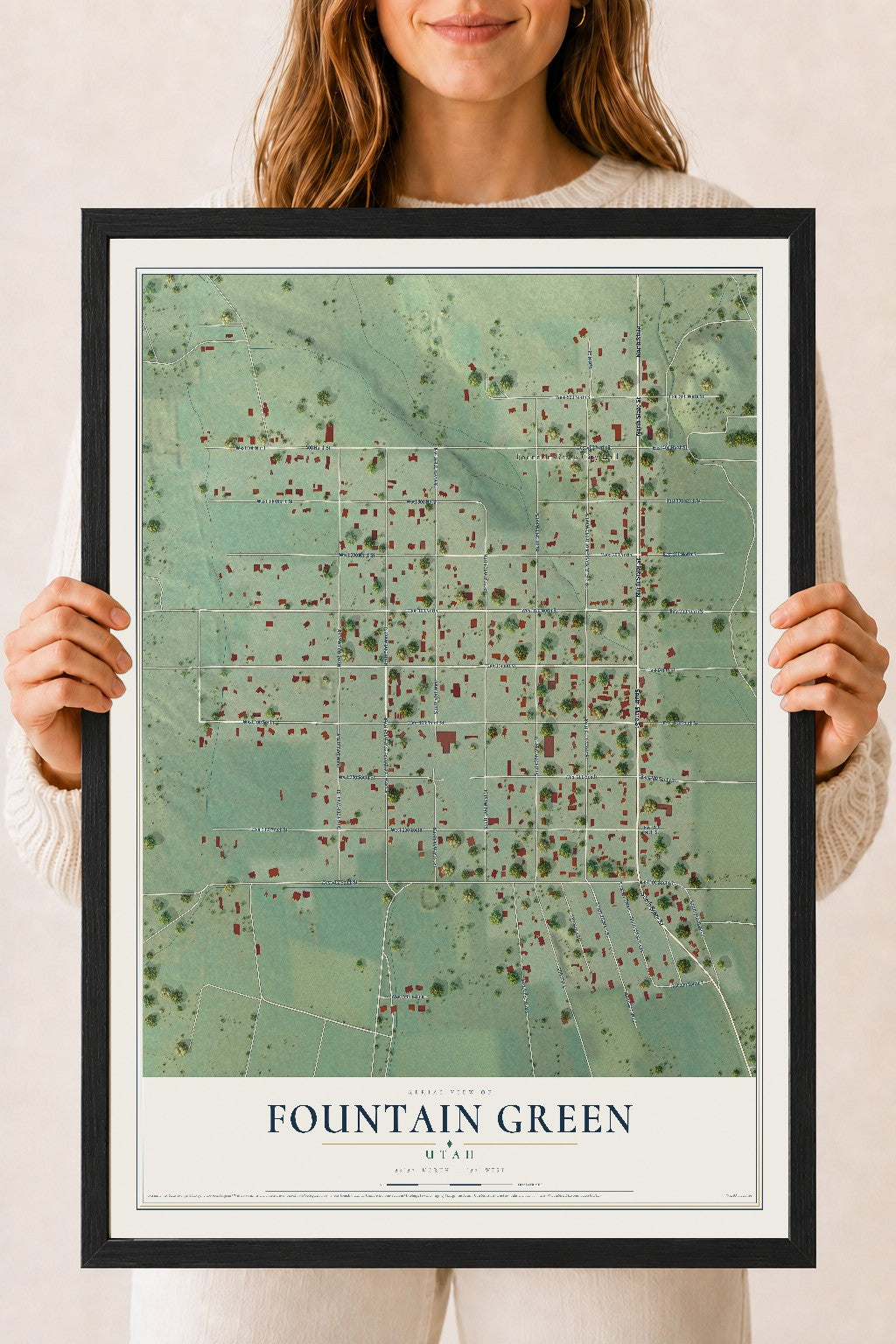 Map of Fountain Green, Utah, 18 x 24 inch print in a black wood frame