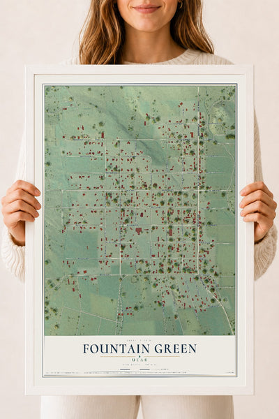 Map of Fountain Green, Utah, 18 x 24 inch print in a white wood frame
