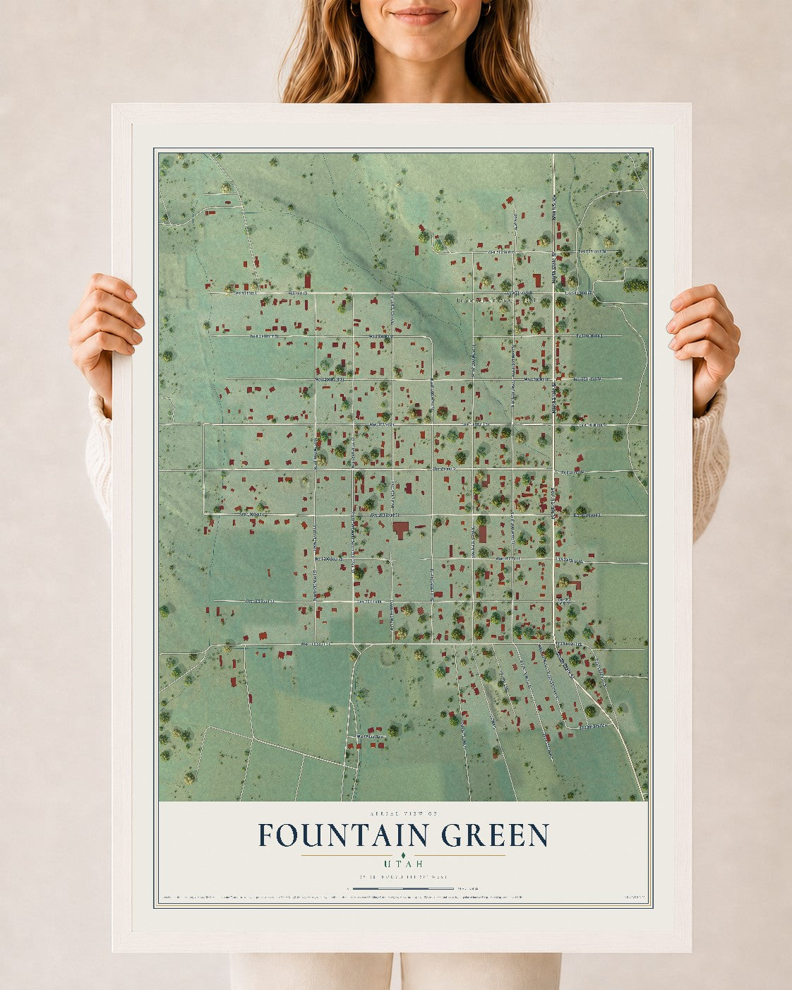 Map of Fountain Green, Utah, 24 x 36 inch print in a white wood frame