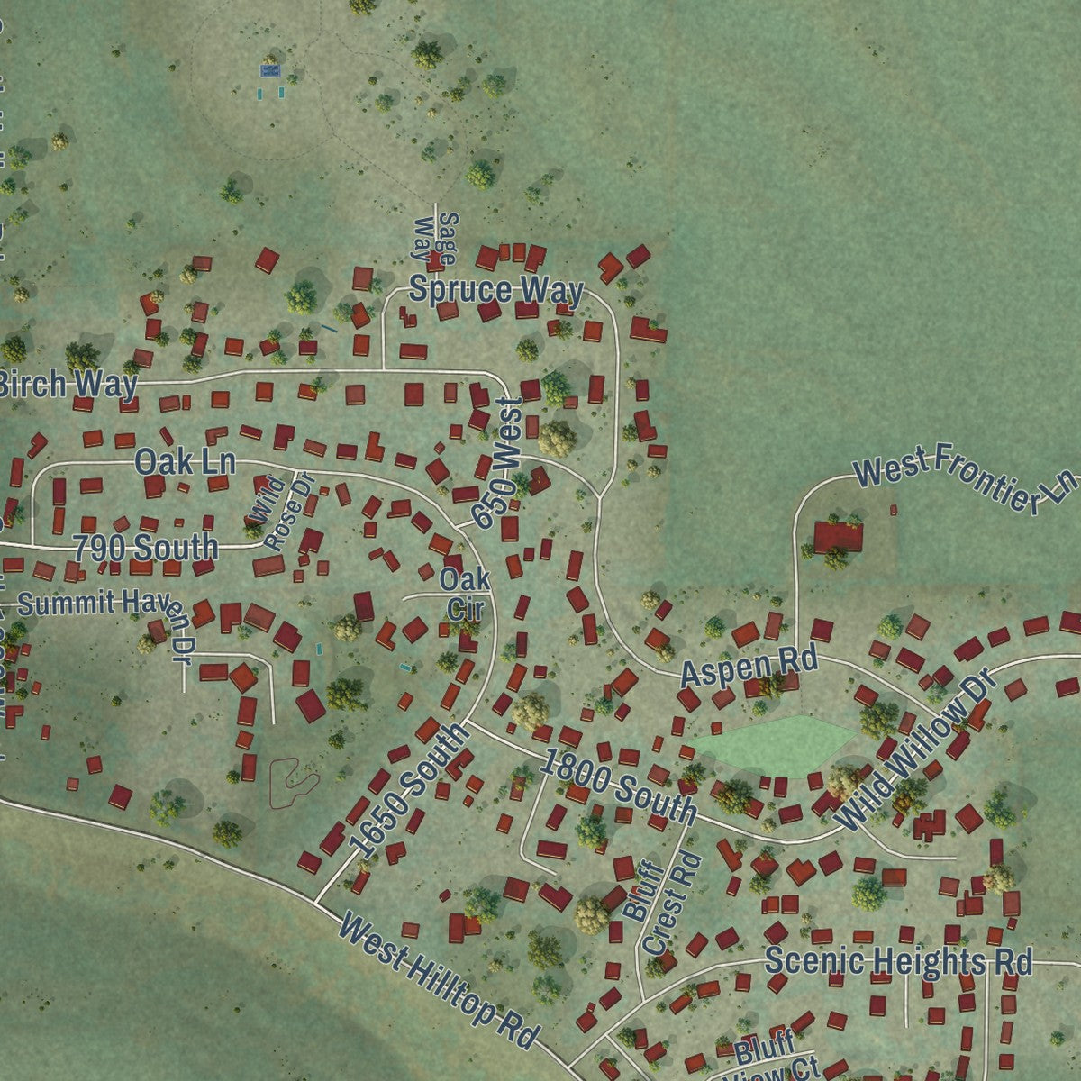 Close-up of the map of Francis, Utah print showing street and building detail