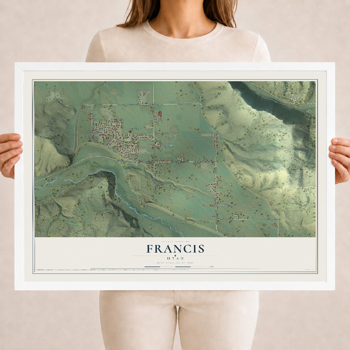 Map of Francis, Utah, 18 x 24 inch print in a white wood frame