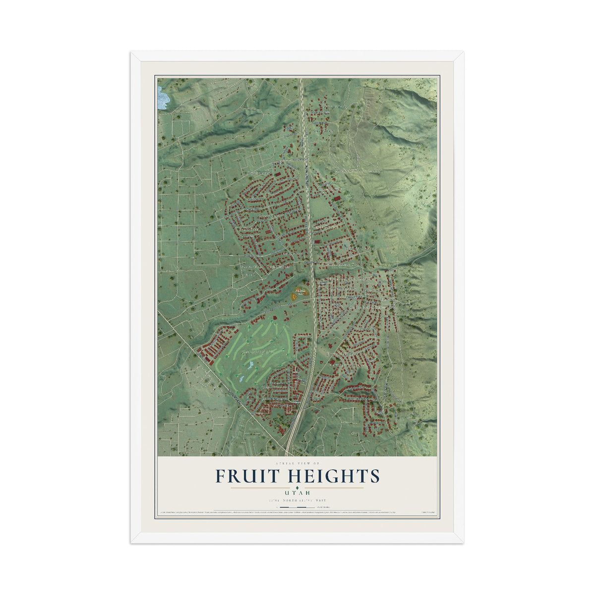 Map of Fruit Heights, Utah, 12 x 18 inch print in a white wood frame
