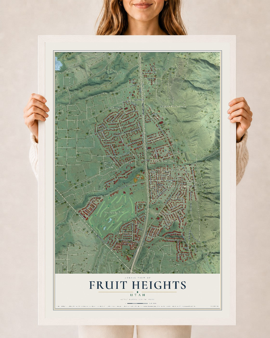 Map of Fruit Heights, Utah, 24 x 36 inch print in a white wood frame
