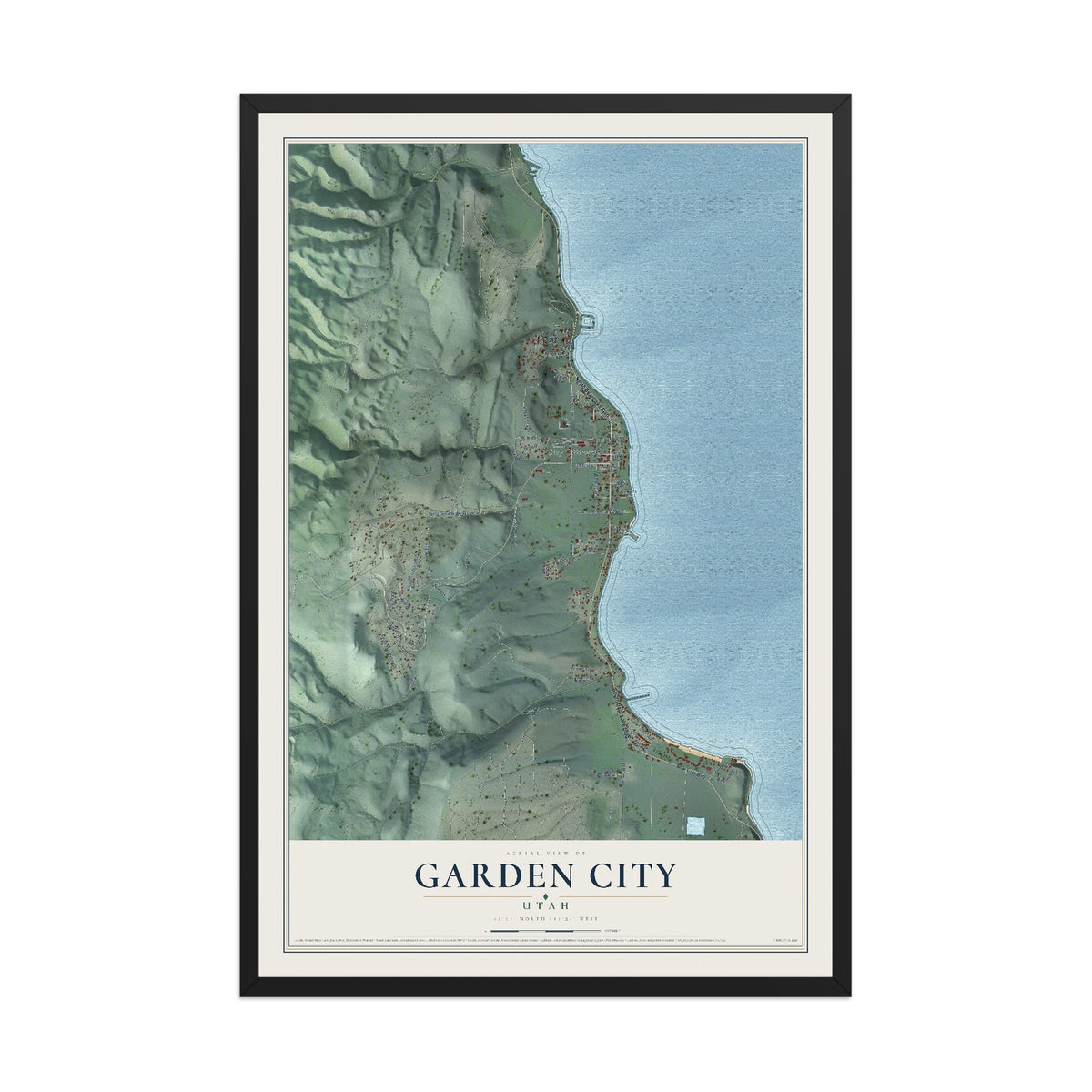 Map of Garden City, Utah, 12 x 18 inch print in a black wood frame