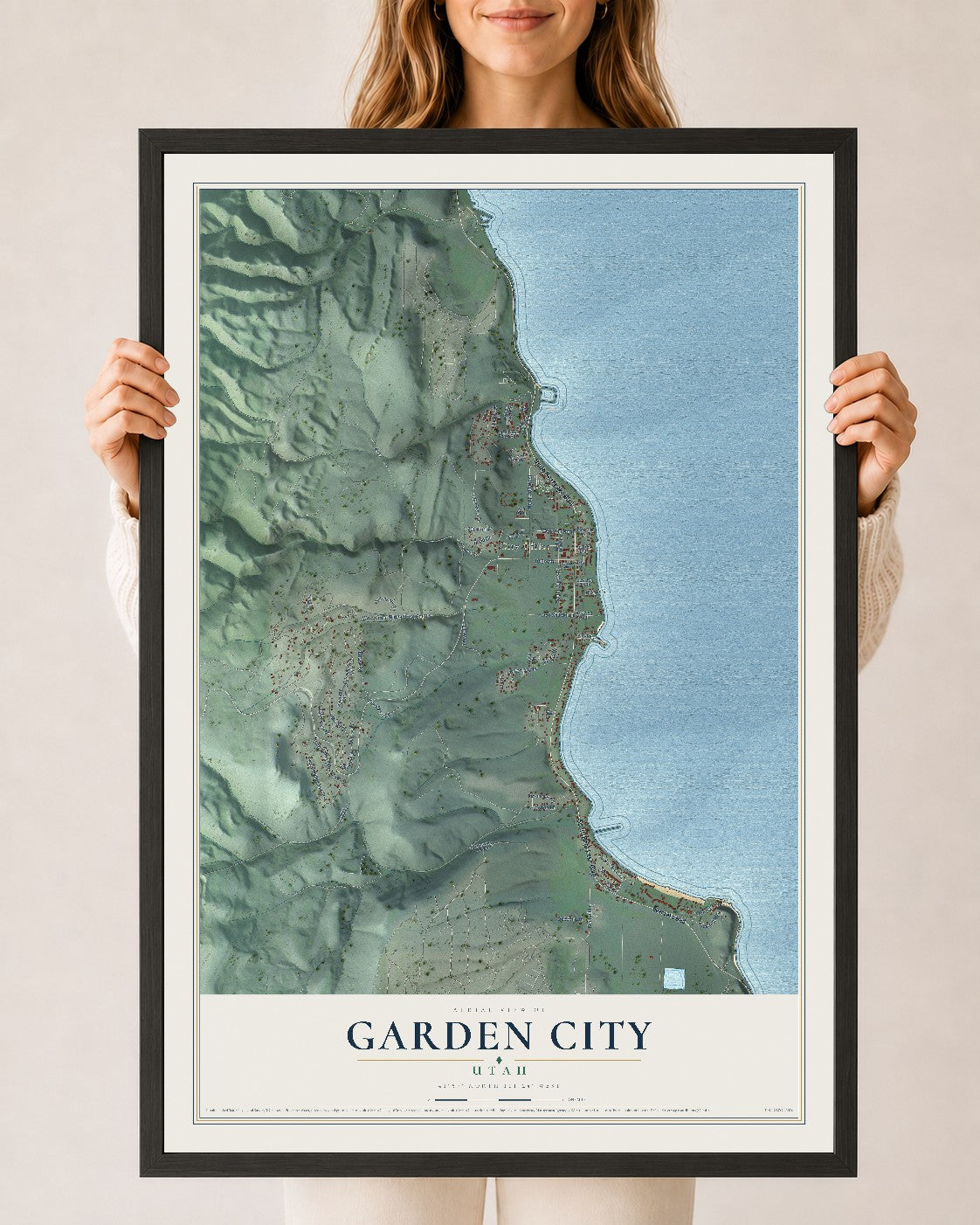 Map of Garden City, Utah, 24 x 36 inch print in a black wood frame