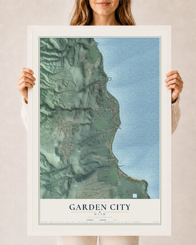 Map of Garden City, Utah, 24 x 36 inch print in a white wood frame