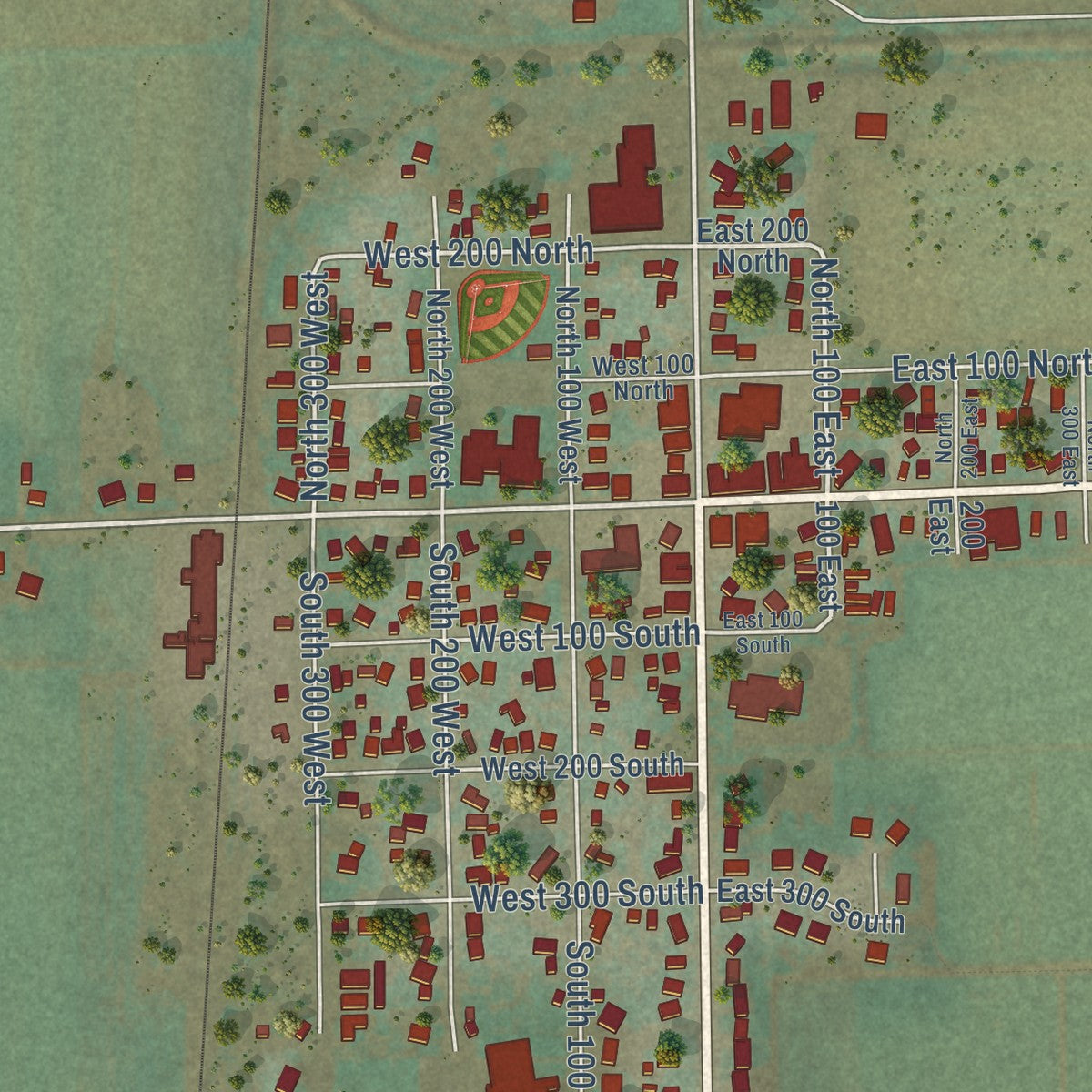 Close-up of the map of Garland, Utah print showing street and building detail
