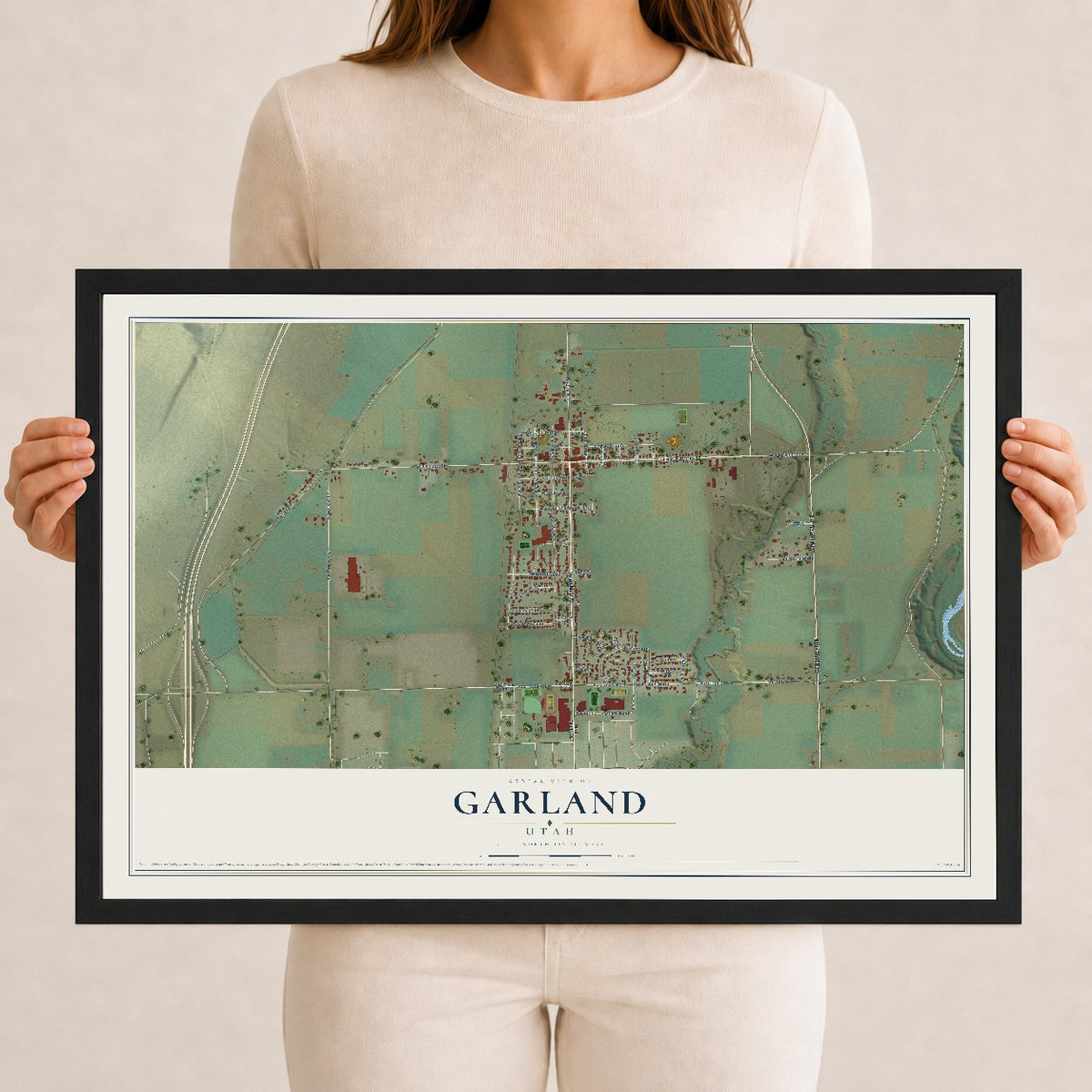Map of Garland, Utah, 12 x 18 inch print in a black wood frame