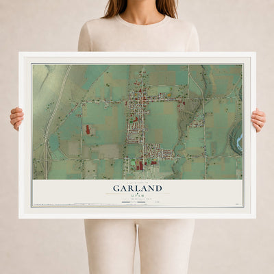 Map of Garland, Utah, 24 x 36 inch print in a white wood frame
