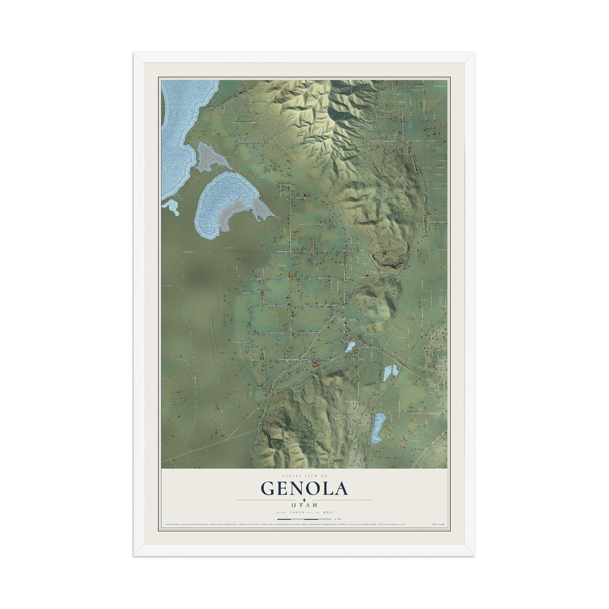 Map of Genola, Utah, 12 x 18 inch print in a white wood frame