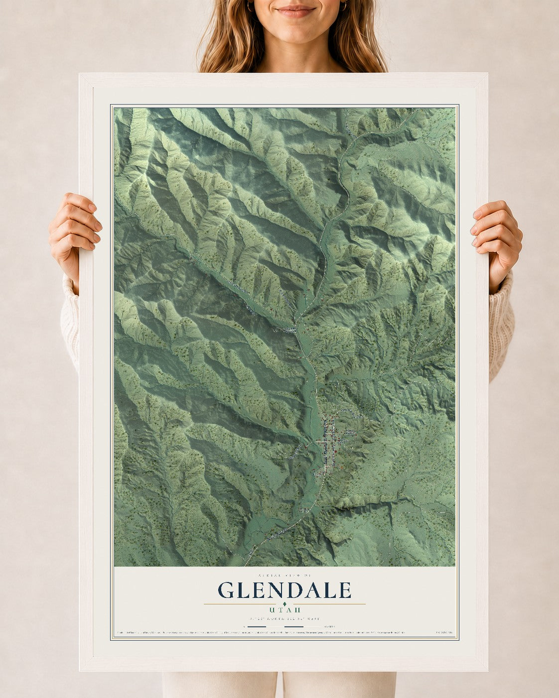 Map of Glendale, Utah, 24 x 36 inch print in a white wood frame