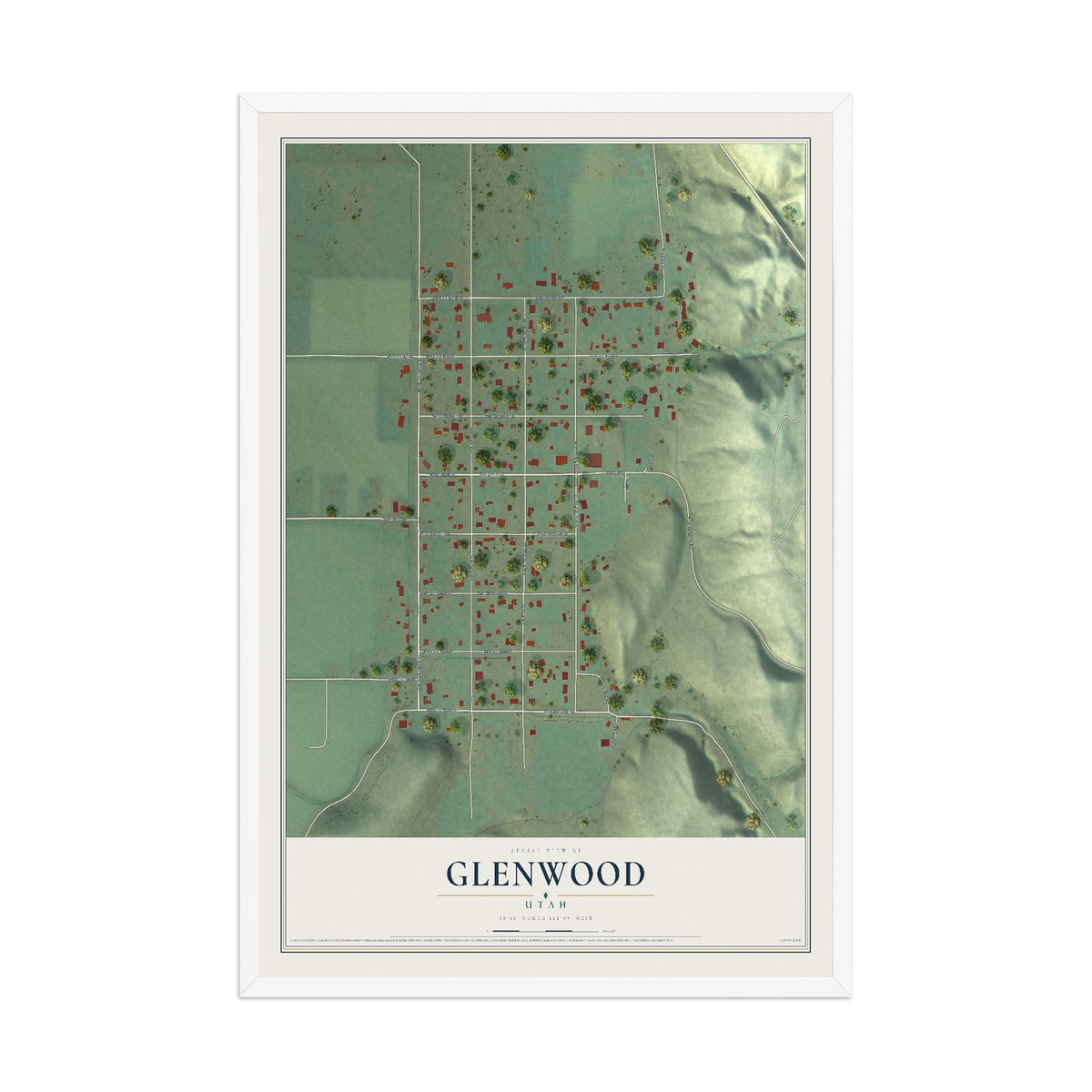 Map of Glenwood, Utah, 12 x 18 inch print in a white wood frame
