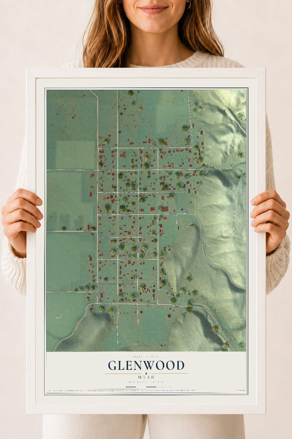 Map of Glenwood, Utah, 18 x 24 inch print in a white wood frame