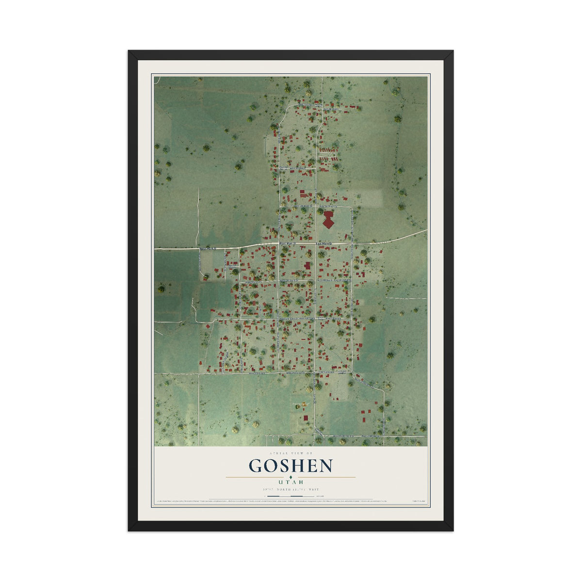Map of Goshen, Utah, 12 x 18 inch print in a black wood frame