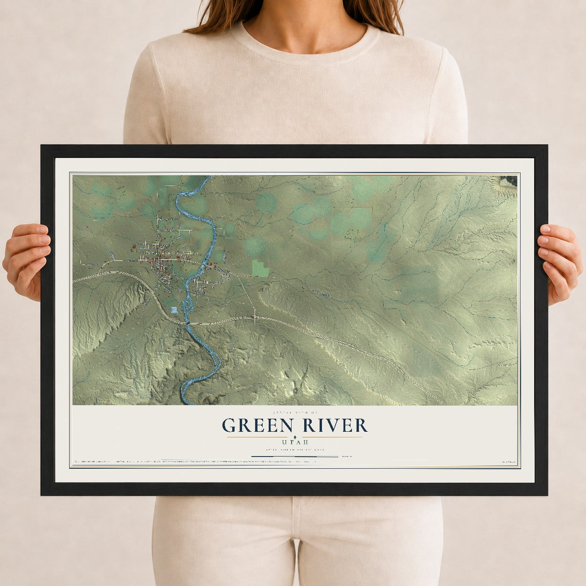Map of Green River, Utah, 12 x 18 inch print in a black wood frame