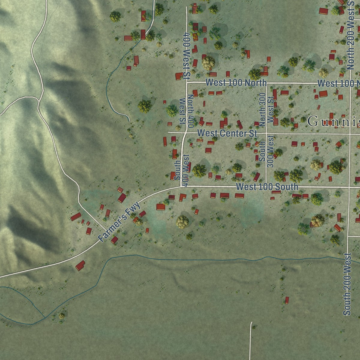 Second close-up of the map of Gunnison, Utah print showing more streets and buildings