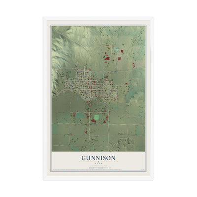 Map of Gunnison, Utah, 12 x 18 inch print in a white wood frame