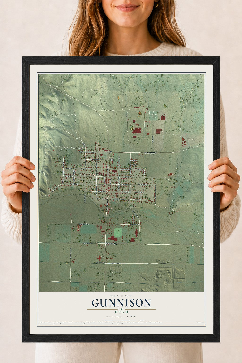 Map of Gunnison, Utah, 18 x 24 inch print in a black wood frame