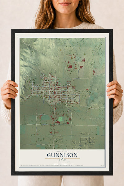 Map of Gunnison, Utah, 18 x 24 inch print in a black wood frame