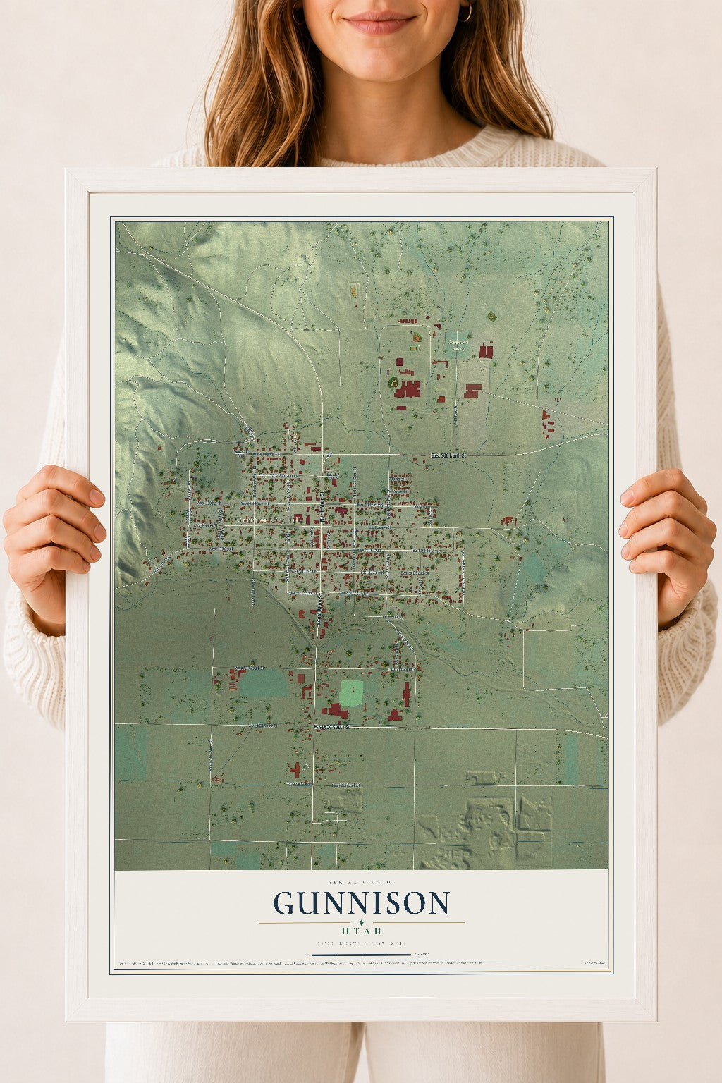 Map of Gunnison, Utah, 18 x 24 inch print in a white wood frame