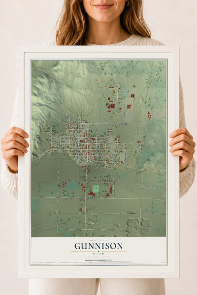 Map of Gunnison, Utah, 18 x 24 inch print in a white wood frame