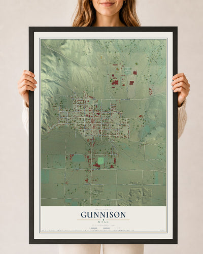 Map of Gunnison, Utah, 24 x 36 inch print in a black wood frame