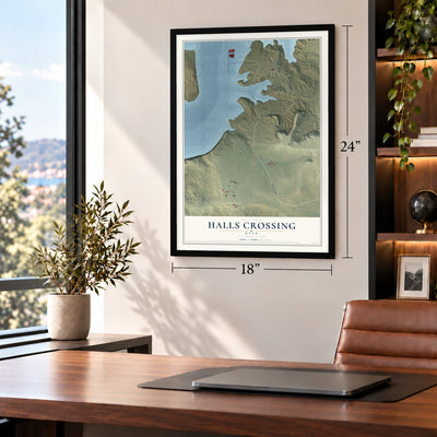 Halls Crossing, Utah map, 18 x 24 inch print in a black frame in a home office